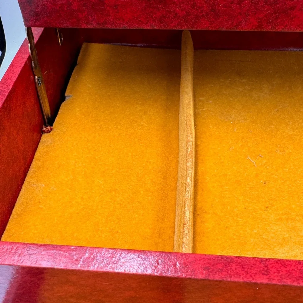 Vintage Red Faux Leather Jewelry Box Gold Filigree 3-Tier Cantilever Drawer